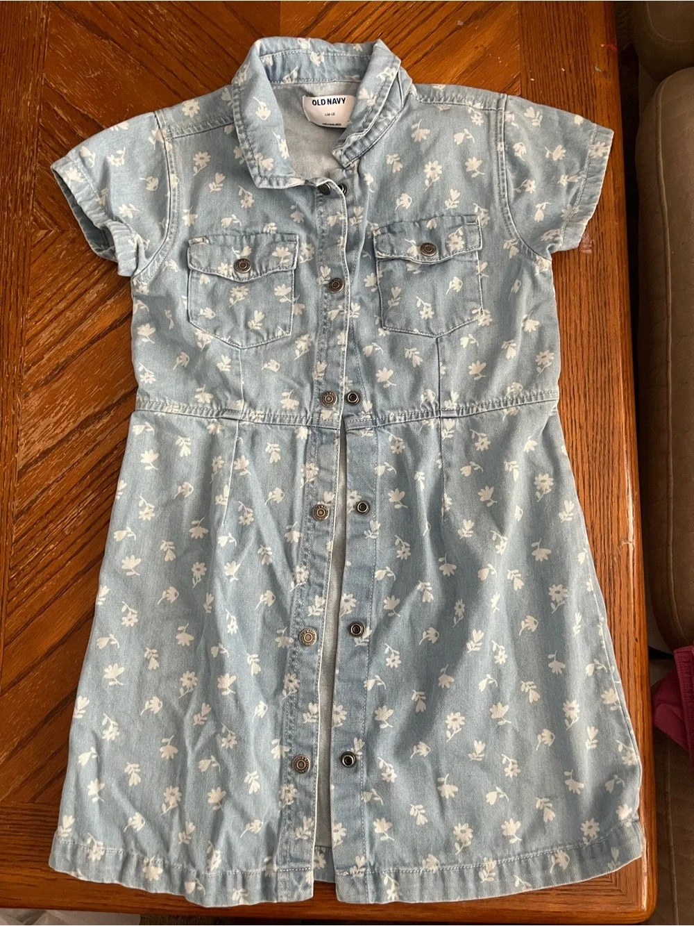 Old Navy Light Blue Denim Dress with White Floral Print